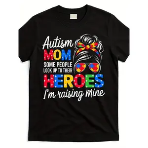 "Autism Mom" Messy Bun Autism Awareness Graphic T-Shirt for Men & Women, Summer Short Sleeve Printed Cotton Tee, Casual Advocacy Supportive Clothing for Parents, Breathable Elastic Fabric, Regular Fit, Machine Washable