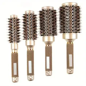 Round Pig Bristle Hair Brush Set, 4 Counts/set High Temperature Resistant Ceramic Tube Comb, Non-slip Handle Hair Styling Tool for Dry & Wet Use