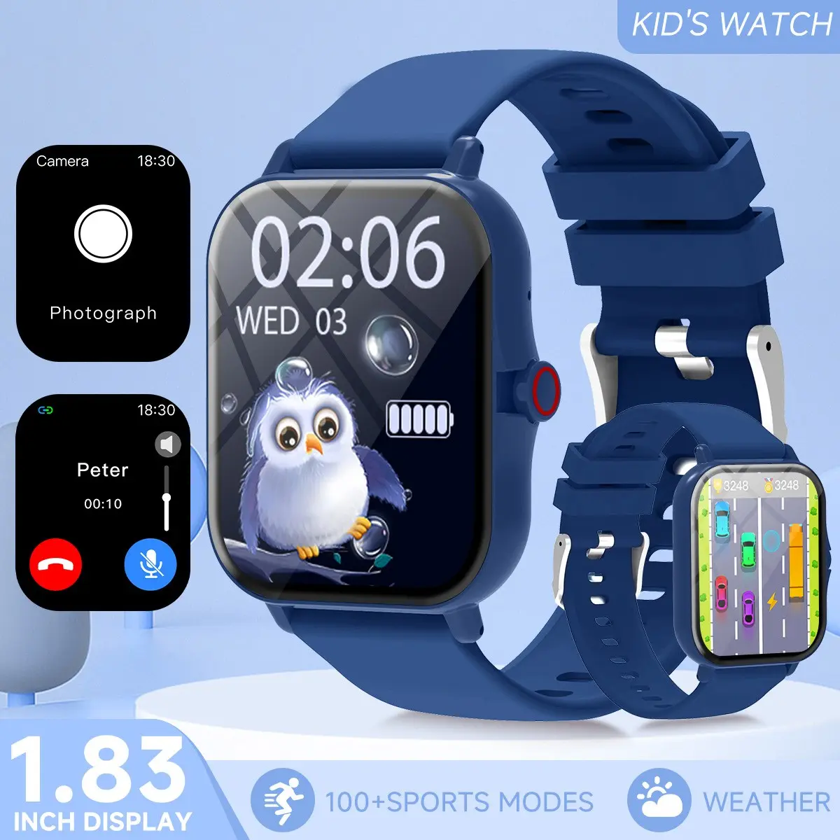 1.83 Inch HD Touchscreen Kid Smartwatch, Child Watch, BT-compatible Call, Message Notification, Custom Dynamic Watch Face, Fitness Tracker, Calculator,Camera Remote,Pedometer Unisex Wearable Gift,Smartwatch for Boy and Girl,Compatible with iOS and Android