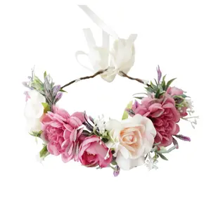 Fairy Floral Crown Even Headband Flower Headpiece Woodland Forest Elf Circlet for Women Girls Halloween Renaissance Wedding Bridal Cosplay Prom Photo Props Pink