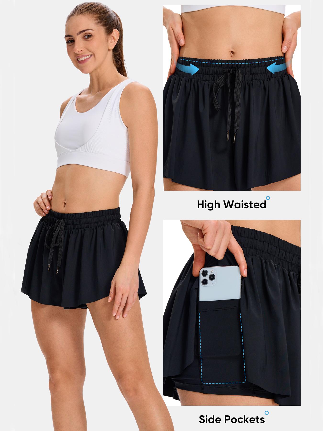 Women's 2-in-1 Flowy Athletic Skort, High Waist Tummy Control Tennis Shorts with Pockets, Elastic Drawstring Running Shorts for Gym Workout Casual Summer