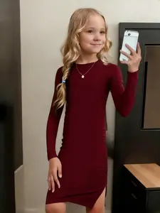 Girls' Solid Color Round Neck Hollow Out Split Knit Long Dress, Fall Winter Elegant Fashion, Stylish and Comfortable