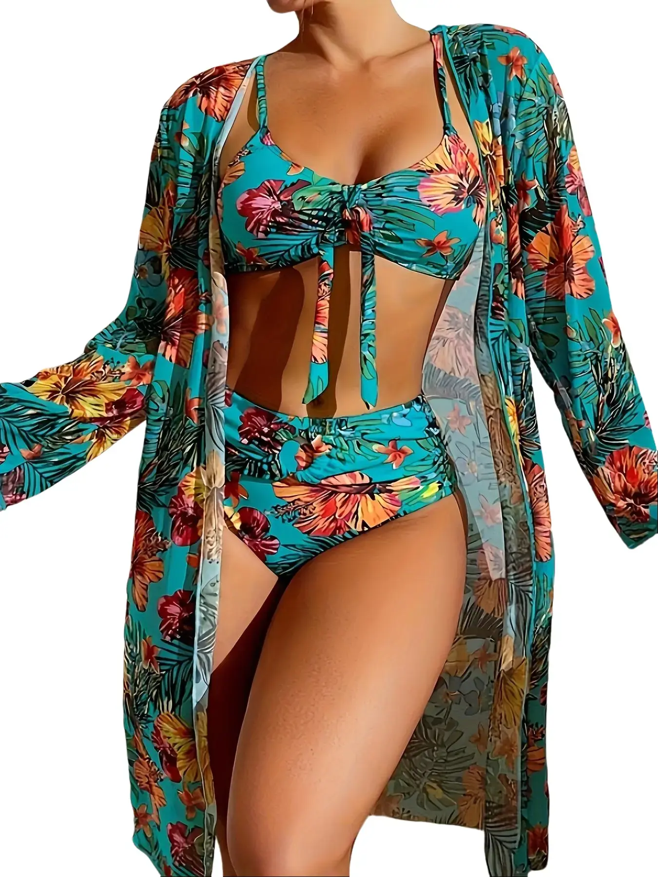 Women's 3-Piece Floral Tropical Tankini Swimsuit Set - Long-Sleeved Sun Protection Rash Guard with Knotted Print - Swimsuit for Beach, Hot Spring Use, Tankini Swimsuits