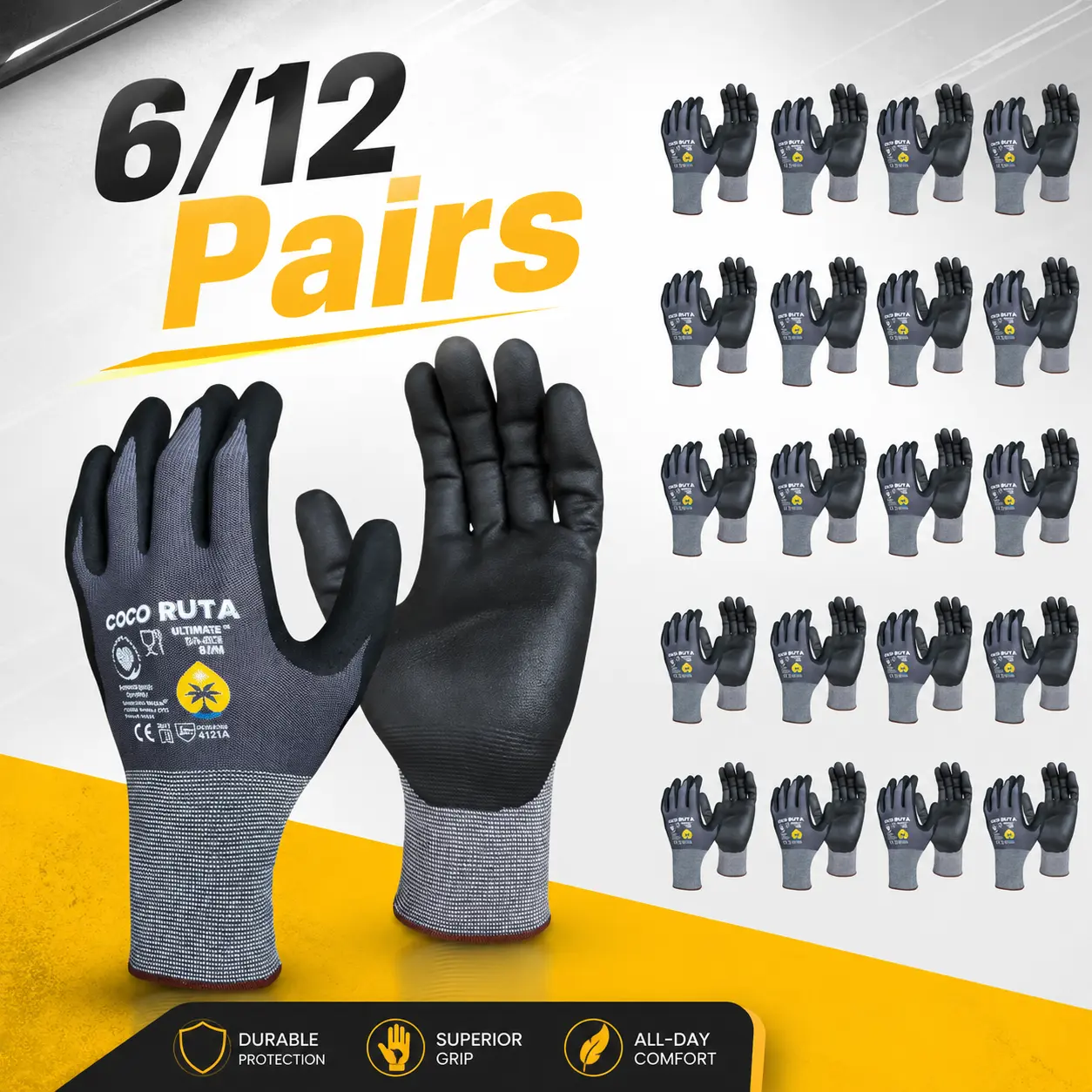 12 Pairs COCO RUTA Gloves 34- 874 Safety Gloves | Guantes Para Trabajo - Coco Ruta Gloves For Men Nitrile Micro Foam Grip Palm Comfortable Fit Construction Gear