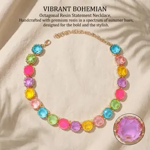 Bohemian Colorful Resin Octagon Statement Necklace Women's Personalized High-End Design Versatile Jewelry Gifts Accessories,womens gifts,accessories for women