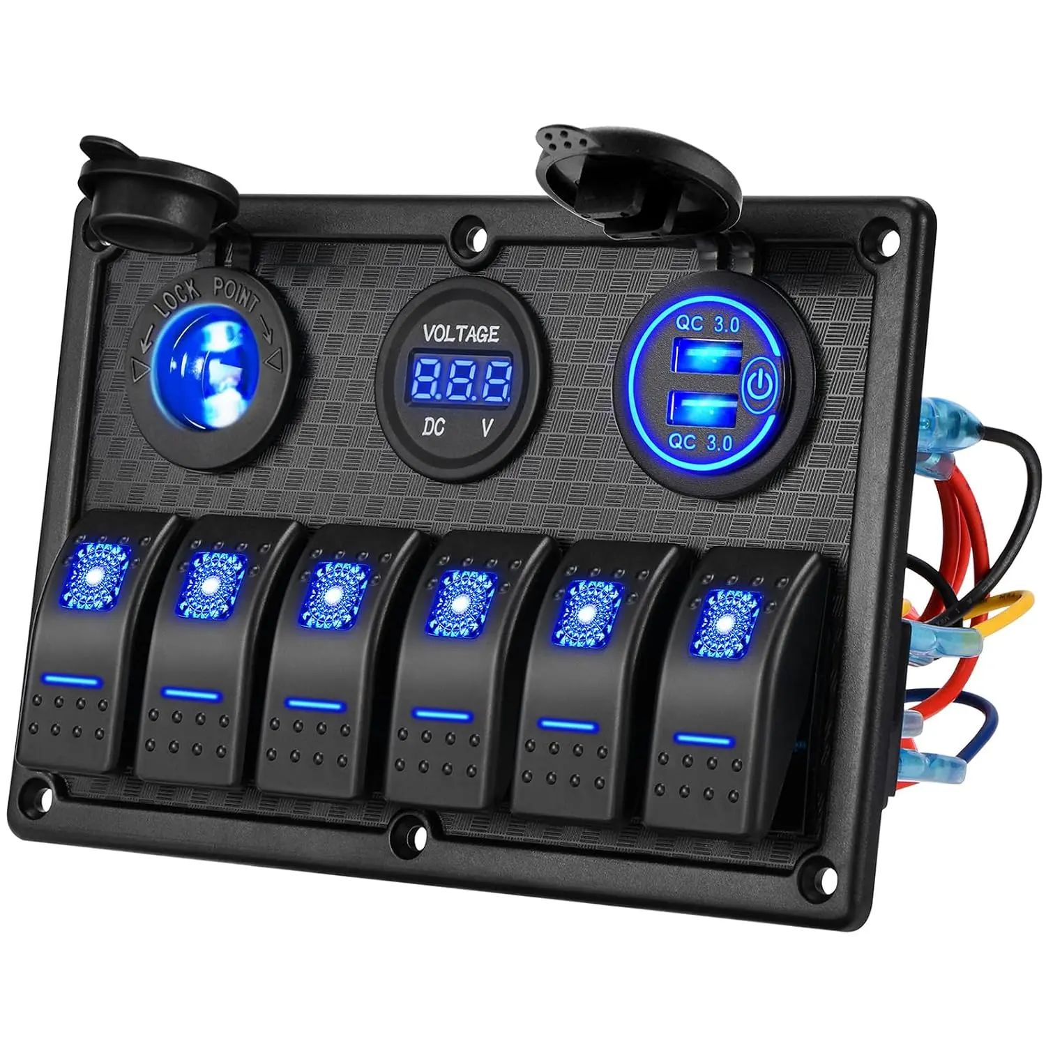 6 Gang Marine Boat Rocker Switch Panel Waterproof + USB Switch, 12 Volt RV Led Switch Panel for Marine Boat Car Truck, Digital Voltmeter Display QC3.0 Dual USB Charger Port DC 12V Socket 12/24V
