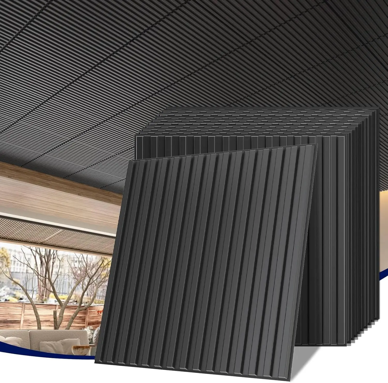 LOOYEE 6/24PCS 2x2 ft Black Fluted Slat Drop Ceiling Tiles Durable PVC Construction Covers 24/96 Sq.Ft Home Improvement