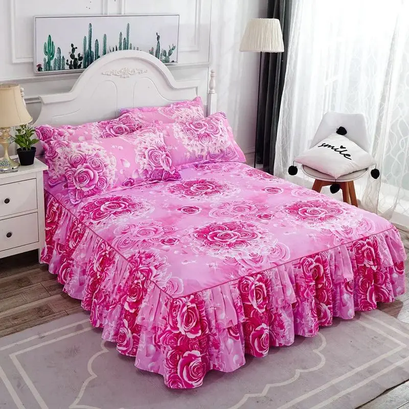 3pcs Floral Print Double-layer Elastic Adjustable Bed Skirt Set - Non-slip Bedroom Bedding Accessories with 1 Skirt + 2 Pillowcases, Multi-size for All Seasons Use, Microfiber Bedding Set, Bedding Sets