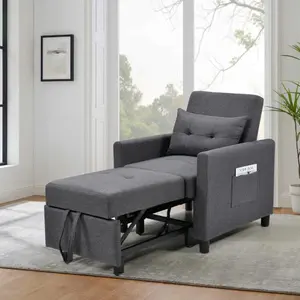 3-in-1 Convertible Futon Sofa Bed with Adjustable Backrest, Single Sofa Bed with Pull Out Sleeper, Convertible Futon Chair for Living Room, Side Bag and 1 Lumbar Pillow,Dark Gray -W1998121160