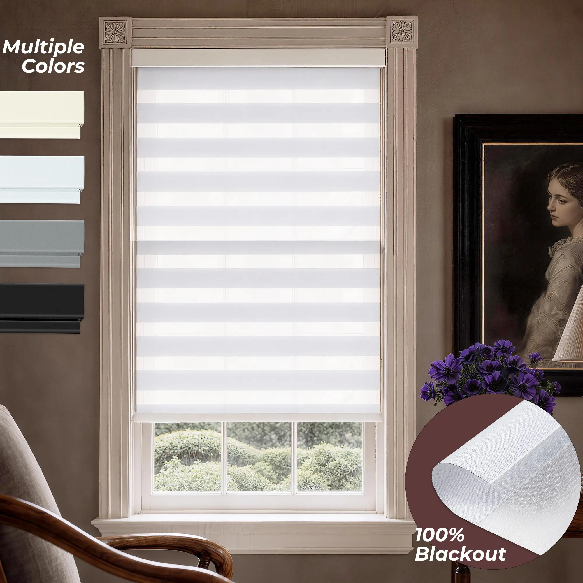 Allesin Zen Cordless Zebra Blinds, Dual Layer  Sheer & Night Window Shades,Cordless Free-Stop Safe System,Easy to Install, Blackout UV Protection & Full Privacy, Kid & Pet Safe for Home & Office Attached Valance, blackout curtains