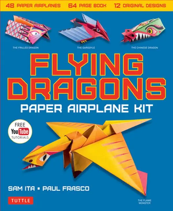 Flying Dragons Paper Airplane Kit - Dragon-Themed Brain Gymnastics Craft Activity Kit with 48 Paper Airplanes, 12 Original Designs, 64-Page Full-Color English Book, Step-by-Step Folding Instructions, YouTube Video Tutorials, Some Models Require Cutting