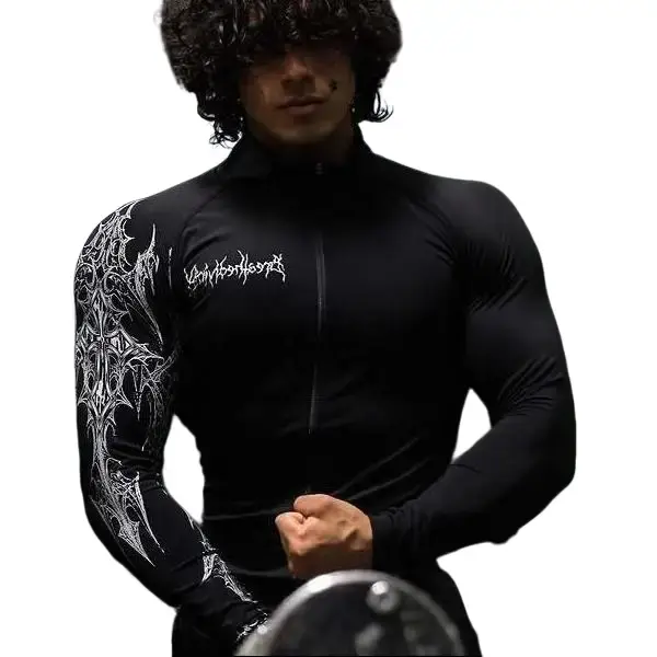 Men's Gothic Print Compression Zip-Up Long Sleeve Athletic Top, Couple Edition, Edgy Tribal Design, Breathable Moisture-Wicking Stretchy Athleisure Clothes, Gym Workout & Bodybuilding Outerwear, Athleisure Breathable Clothes, Sporty Chic