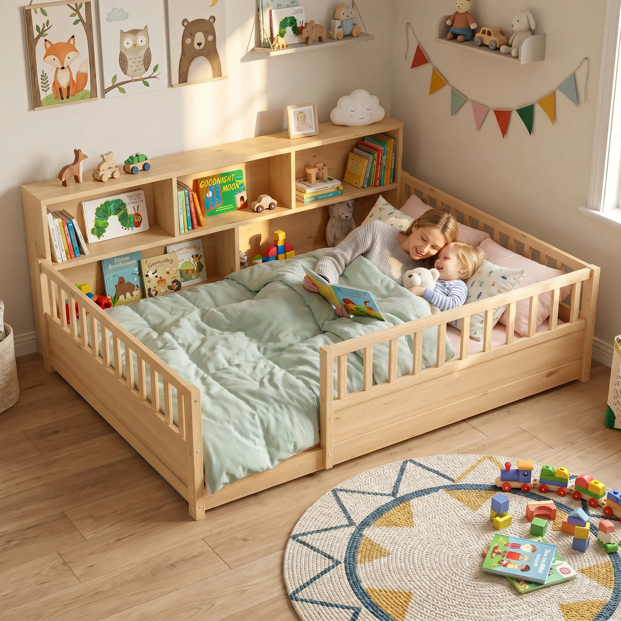 IHUESHO Montessori Toddler Bed - Pine Wood Construction with Integrated Bookcase, Fence Guardrails, Open Entry, Framed Closet for Kids’ Nursery, Montessori Bed, Twin, Unisex, Guard Rails, 18 - 24 Months, Montessori Floor Bed