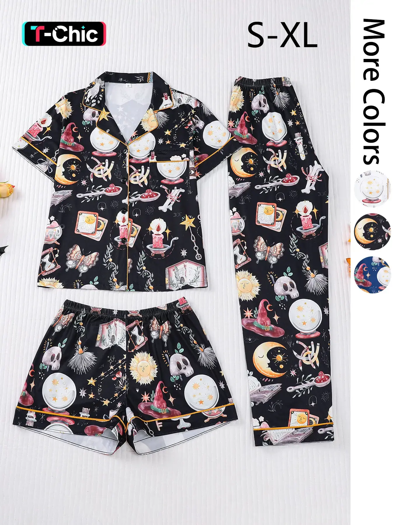 3 pieces of women's Halloween witch hat, butterfly print, short sleeved shorts, pants, comfortable lapel pajamas set, Pajama Sets, Nightwear Outfit, Nightwear, Loungewear, knitted top, pocket, elastic waistband, casual classic home wear, Womenswear