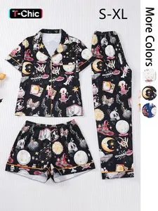3 pieces of women's Halloween witch hat, skull head, butterfly print, short sleeved shorts, pants, comfortable lapel pajamas set, Pjs, Nightwear, Loungewear, knitted top, pocket, elastic waistband, Fit, casual classic home wear, Womenswear