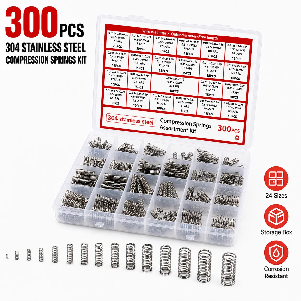 304 Stainless Steel Compression Springs Assorted Kit - 300pcs, 24 Assorted Sizes, Corrosion Resistant, Elasticity, Long Service Life for Home DIY Projects, Industrial Machinery