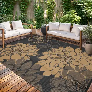 Easy-to-clean Outdoor Carpet Portable Patio Rug Double-sided Reversible Plastic Woven Carpet with Lotus Flower Pattern Non-slip Outdoor Mat for Patios Balconies Beaches Picnics and RVs