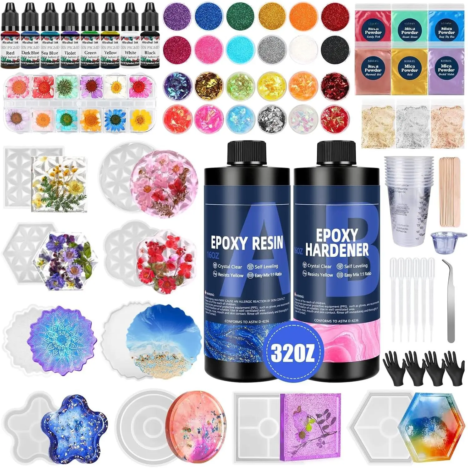 Creative Resin Kit for Beginners, 32oz Epoxy Set with 10 Coaster Molds, 12 Colors of Cellophane, Pigment, Mica Powders, Dried Flowers, Glitter, Measuring Cups & Other DIY Beading Jewelry Making Supplies, 32 Ounces