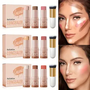 3pcs Hellokiss Cream Contour Kit - Non-Greasy Waterproof Long-Lasting Blush, Highlighter & Bronzer Sticks with Brush |   Flawless Finish, Medium Coverage, Plant-Based Squalane, Ideal for Halloween, Thanksgiving, Christmas Gifts, Halloween Makeup Essen