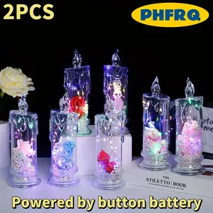 2 Piece LED Electronic Candle Lights, Transparent Rose Flower Design, Battery Powered, Perfect for Home Decor, Weddings, Birthdays, Gifts