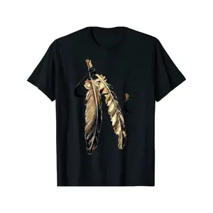Men's Southwest Native American Tribal Art Feather Graphic T-Shirt Black Cotton Crew Neck Tee with Vibrant Yellow Orange and Brown Feather Design Casual and Outdoor Wear for All Seasons Western T Shirts