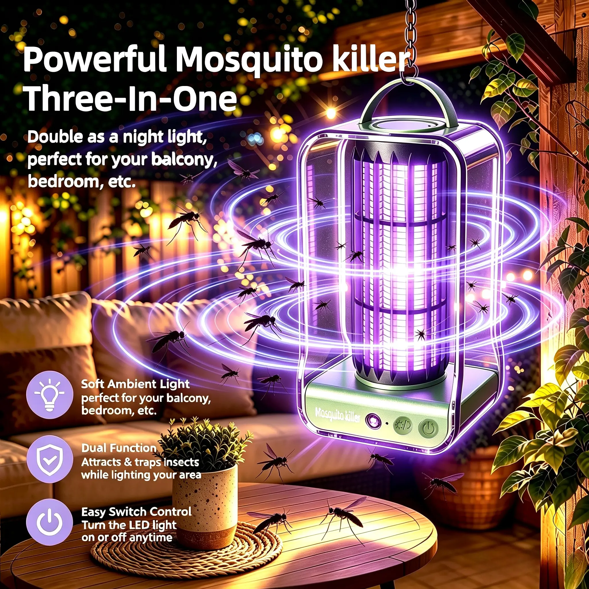 Indoor Mosquito Killing Lamp, Portable Ultraviolet Insect Trap Lamp, Rechargeable Fly Trap AndElectric Shock Fly Trap, Comes With Night Light Can Be Controlled By Light, Suitable For FamilyBedrooms, Living Rooms, Kitchens, Study And Balcony