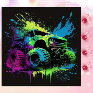5D DIY Full Round Diamond Painting - Diamond Art Kit, Diamond Painting Kits, Colorful Monster Truck Splash Mosaic, Canvas - DIY Wall Decor, Home Wall Art, Suitable for Halloween and Christmas, Birthday and Anniversary Gifts.