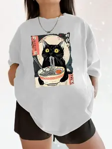 Women's Cat & Ramen Noodles Print Round Neck Tee, Fashion Casual Printed Crew Neck Short Sleeve T-Shirt for Daily Holiday Vacation Outdoor Wear, Ladies Clothes for Summer