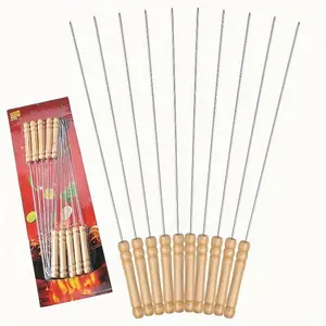 10pcs/set, Reusable Wooden Handle BBQ Skewers For Meat And Fish, Indoor/Outdoor BBQ Grill Accessories, Barbecue Utensils
