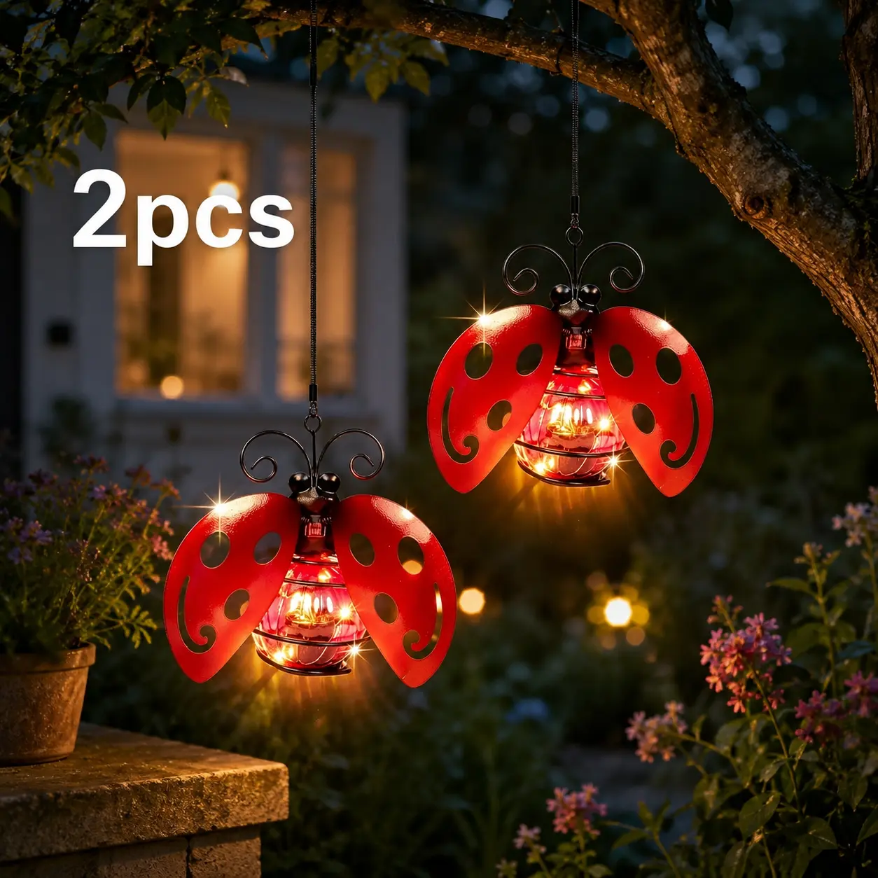 2-Pack Solar Ladybug Hanging Lanterns, Red Metal Outdoor Decorative Lights for Garden, Patio, Porch