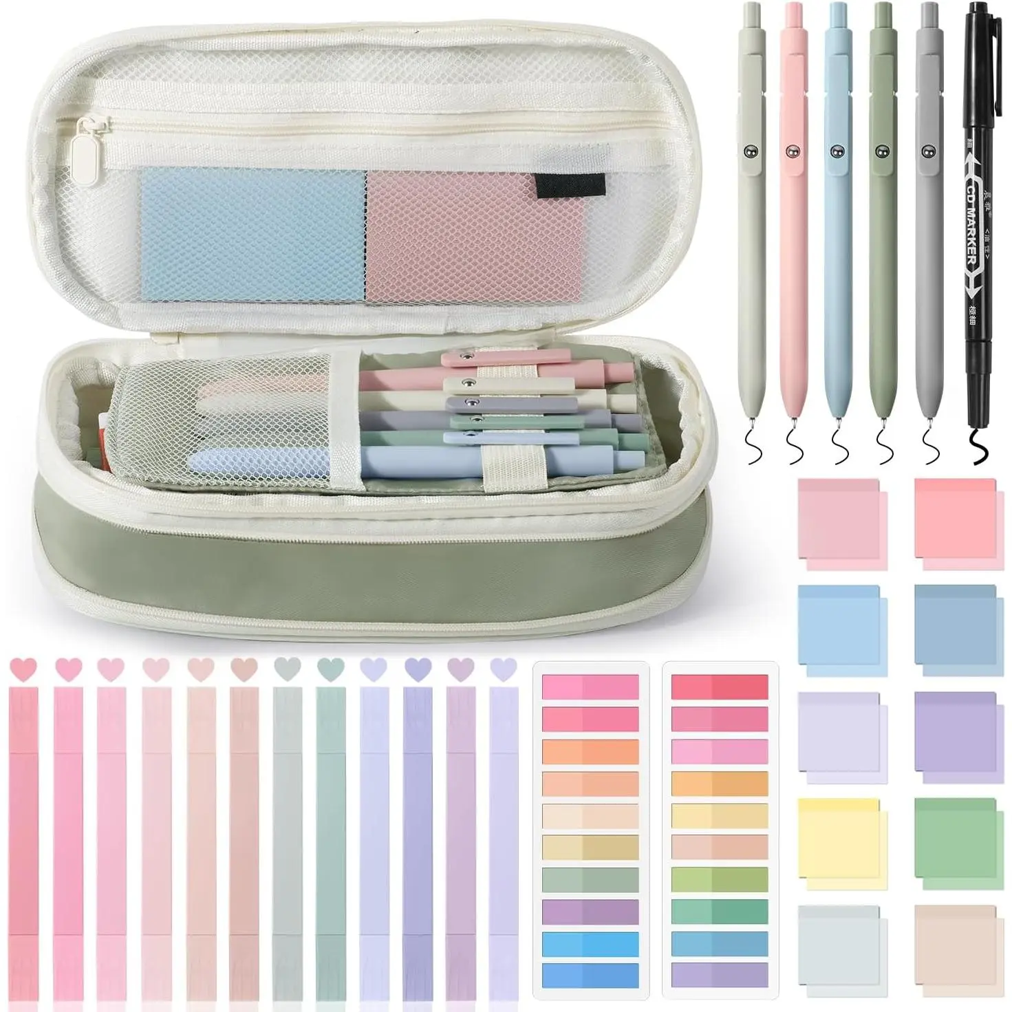 49 count Book Annotation Kit - Aesthetic Pencil Case Bag with Highlighters Gel Pens and Marker, 900 Sheets Transparent Index Tabs Sticky Notes  Study Supplies (Green)