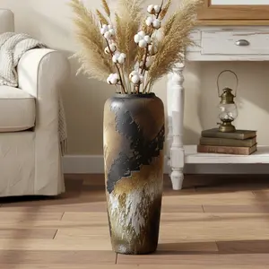 Rustic Ceramic Floor Vase 19.7” / 15.7” – Vintage Farmhouse Decorative Accent for Entryway & Living Room | Textured Brown Pottery Vase for Pampas Grass, Cozy Fall Home Decor