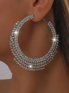 Women's Silver Color Geometric Circle Dangle Earrings, Rhinestone Design, Casual Style, Trendy Jewelry, Perfect for Weddings & Parties