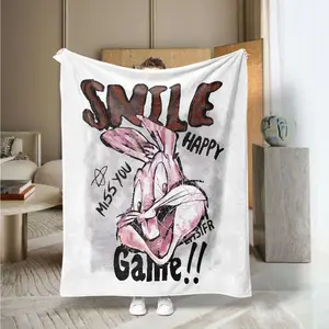 Smiley Rabbit Print Blanket, Soft Comfortable Skin-Friendly Throw, Ideal for Office Relaxation, Bedroom Rest, Sofa Entertainment, Outdoor Leisure