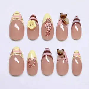 Mismatched Press on Nails with 3D Siamese Cat, Plaid & Music Note | 3D Fake Nails in Almond | Kawaii Handmade Nail Art for Everyday