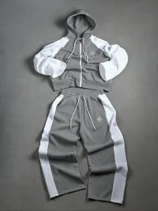 TikTok Trending! Gray Tracksuit Set with White Accents, Including a Zip - Up Hoodie and Sweatpants, Boasting a Sporty, Trendy Aesthetic, Ideal for Nailing a Stylish, Laid - Back Streetwear Vibe, Athletic Tracksuit Set