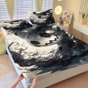Black and white Blend Style Ghost Pikachu Fitted Sheet Bed Sheets Set,Colorfast,Including 1 Bed Sheet and 2 Pillowcases,The Non Slip Dust Cover is Suitable for Teenagers and Adults Bedrooms and Guest Rooms,Suitable for Personal Use or as a Gift for Others