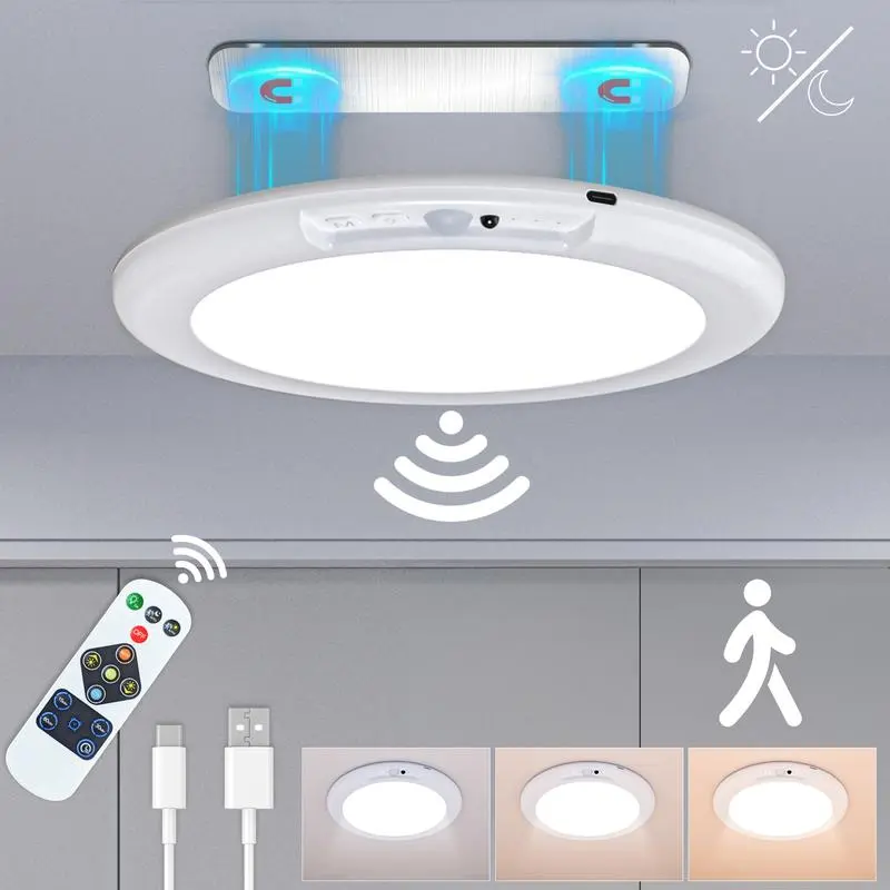 Rechargeable Motion Sensor Ceiling Lights - Battery Operated Magnetic Mount (4000mAh), Wireless with Remote, 3 Color Temperatures, 400 Lumen Adjustable Brightness, No Drilling for Closet, Stairs, Magnetic Mount, No Drilling