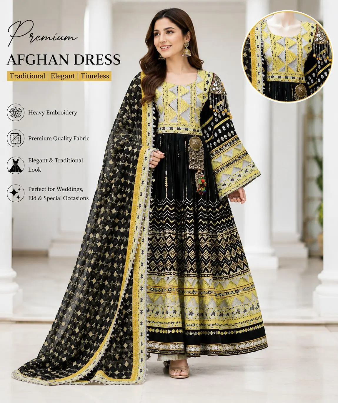 Traditional Afghan Design Dress for Women, Elegant 2-Piece Costume with Embroidery and Matching Dupatta, Classic Style for Eid, Party & Weddings, Fabric, Holiday, Eid, Weddings, And Parties, Includes Matching Dupatta