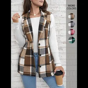 Women's checkered printed button up front vest, elegant women's lapel sleeveless jacket, comfortable patterned jacket, women's casual wear, winter wear, women's fitted daily wear