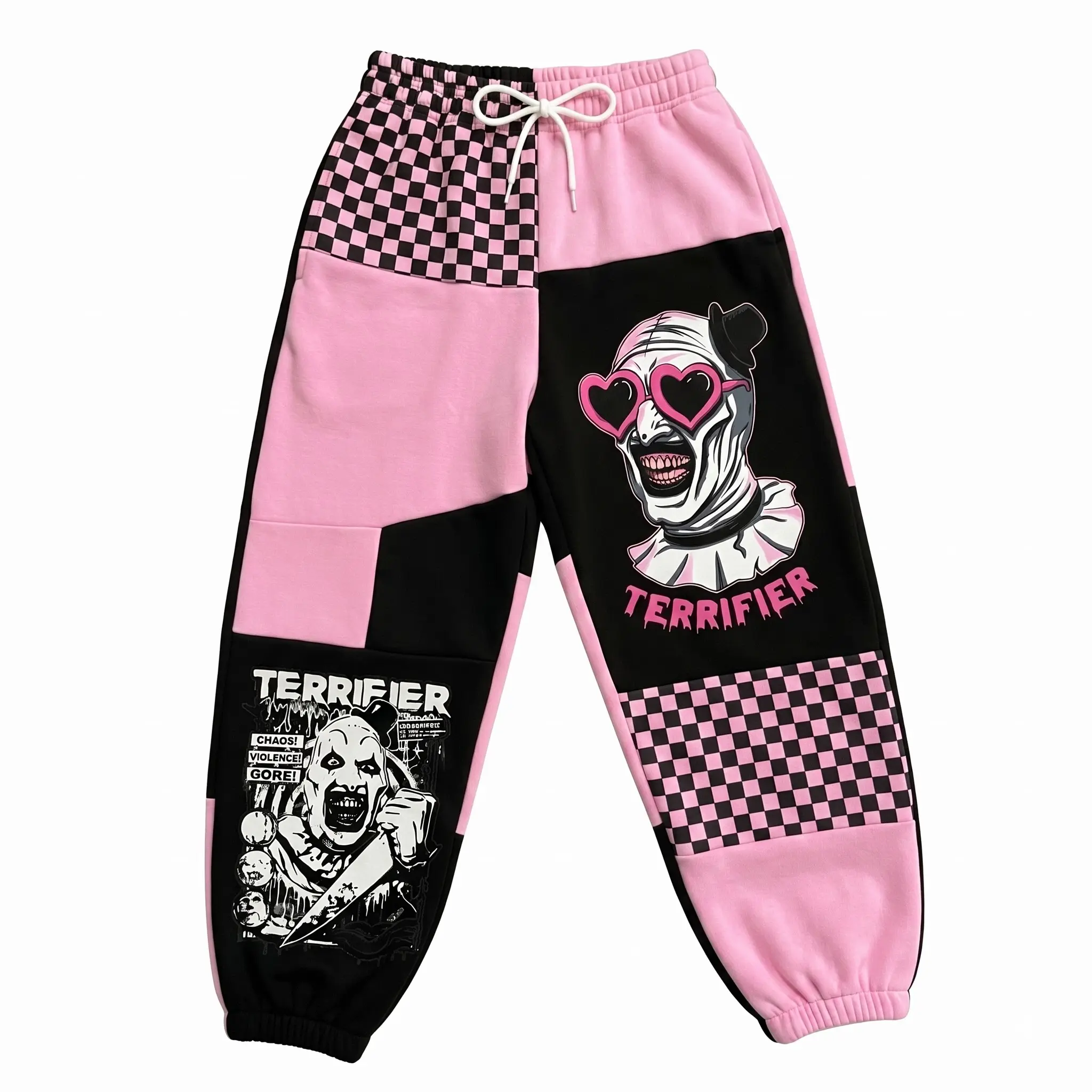 Light Pink Terrifier Art The Clown Halloween Sweatpants, Pink Patchwork Horror Jogger Pants, Spooky Streetwear Pants, Fall Winter Pants, For Men & Women, Gift For Horror Movie Fans