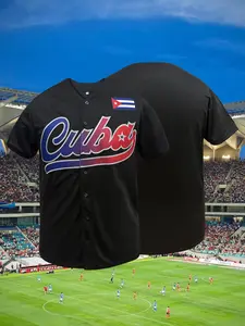 Men's Cuba Baseball Jersey, Loose Fit Breathable Sportswear, Embroidered Letters Baseball Shirt, All-Season Outdoor Sports Shirt, Sports Top, Outdoor Apparel, Sports Clothing, Athletic Tops