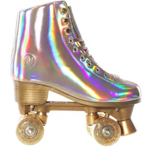 JajaHoho Roller Skates for Women, Holographic High Top PU Leather Rollerskates, Shiny Double-Row Four Wheels Quad Skates for Girls and Age 8-50 Indoor Outdoor (Gold)