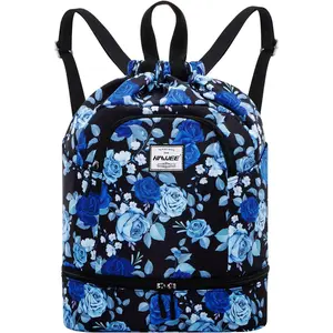 Dry Wet Drawstring Backpack with Shoe Compartment for Women Adjustable Gym Bag