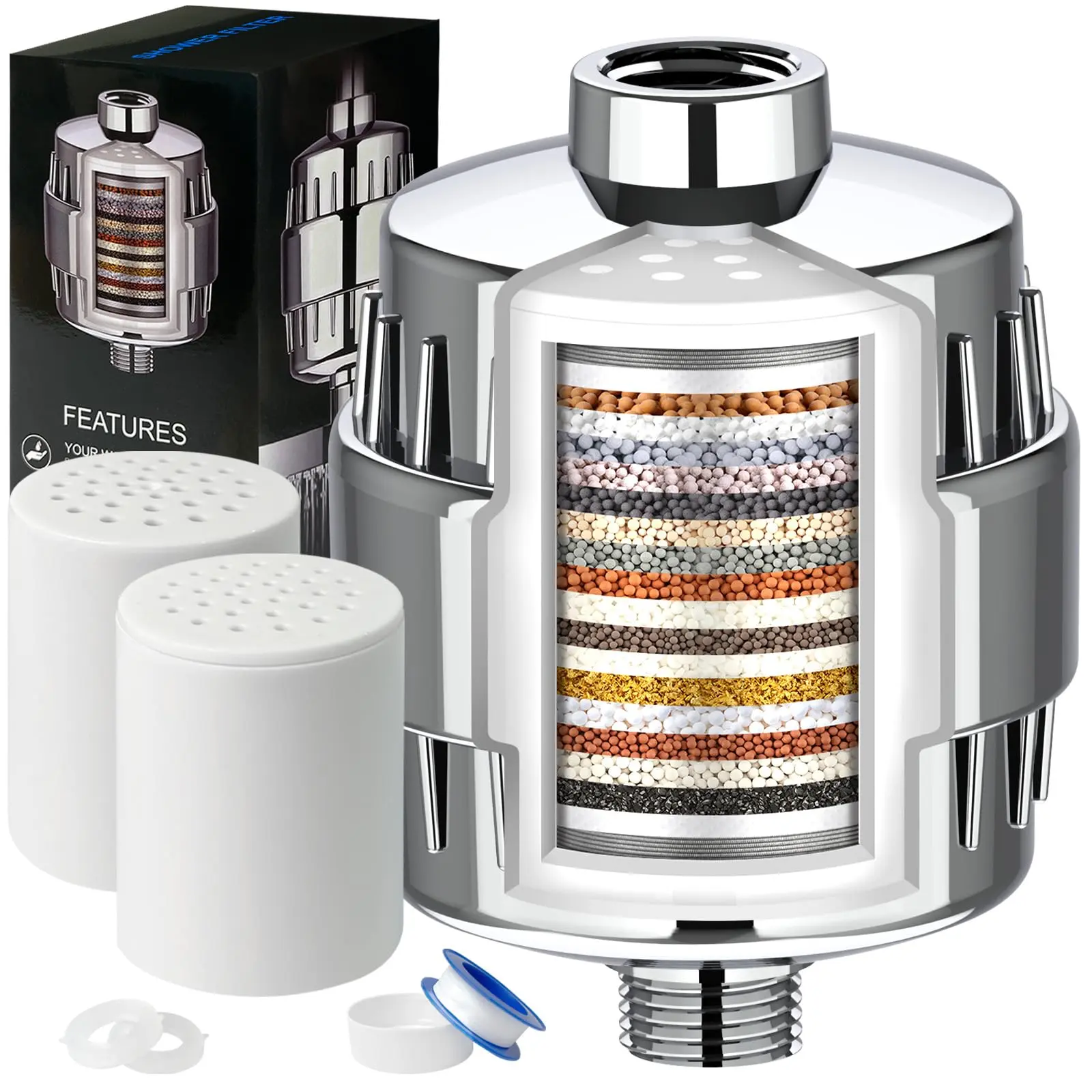 20-Stage High Output Electroplated Shower Head Filter with 2 Cartridges - Purifies Water by Removing Chlorine, Fluoride & Impurities, Universal G1/2 Thread, Tool-Free Installation, Durable Shell