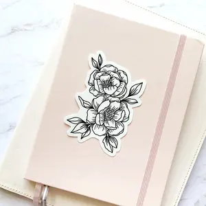 Line Drawn Peonies Waterproof Vinyl Sticker, 3x4"