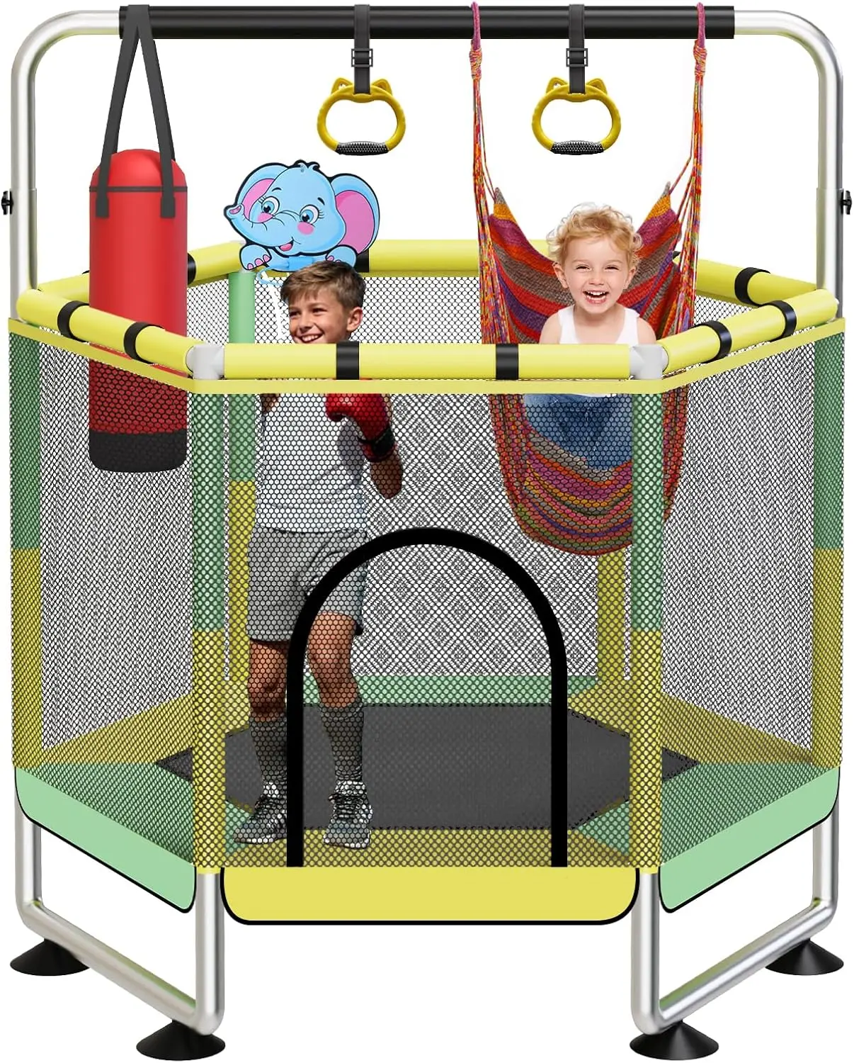 Trampoline for Kids with Enclosure 440lbs Indoor & Outdoor，Toddler Trampoline with Adjustable Gymnastics Bar & Toys for Boys Girls