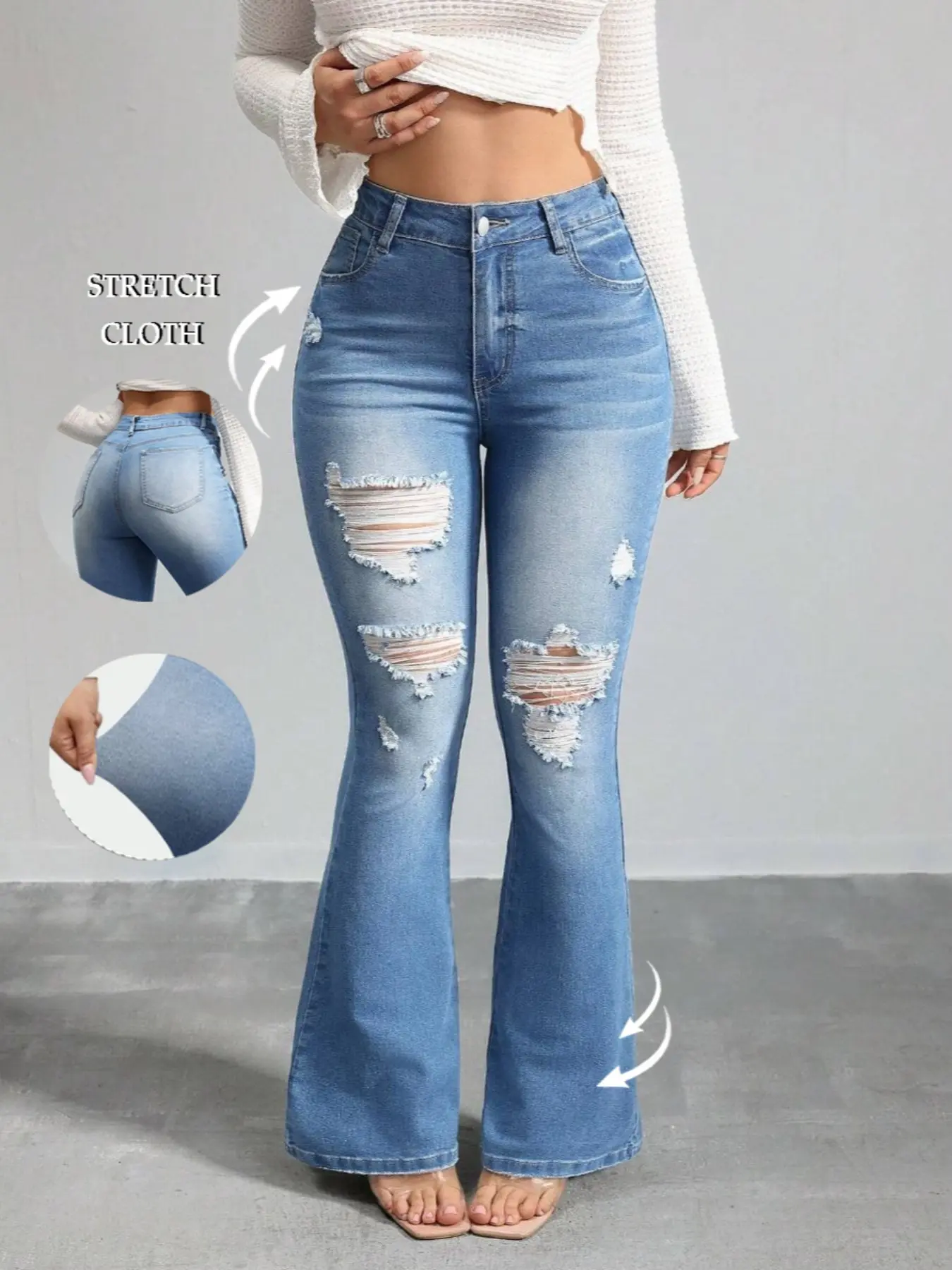 Women's Flare Leg Flared Bell Bottoms Ripped Frayed Edge Design Denim Jeans, Denim Clothing, Fashion Casual Streetwear Ripped Jeans for Daily Outdoor Wear, Ladies Bottoms for All Seasons