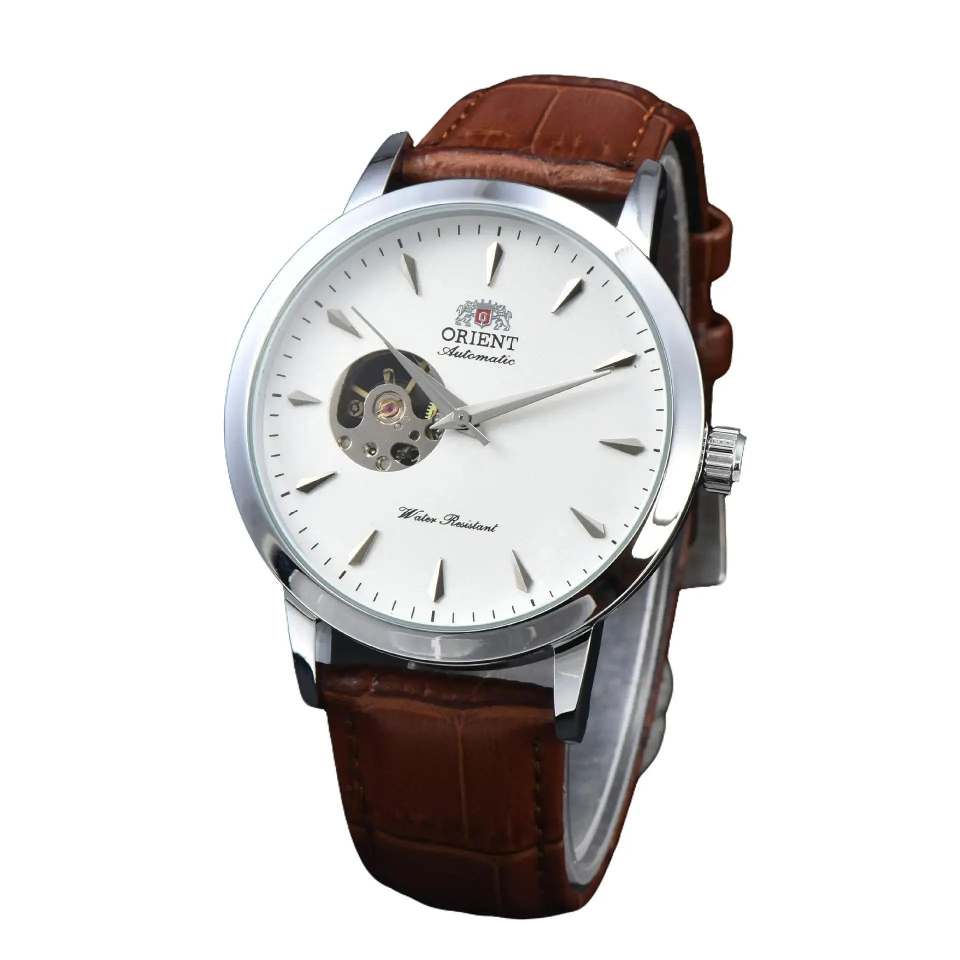 ORIENT Men Open Heart Automatic Mechanical Watch, Self-Winding Skeleton Movement, White Dial Silver Case, Brown Crocodile Leather Strap, Water Resistant Vintage Formal Business Dress Wristwatch for Gentlemen Daily Wear Gift