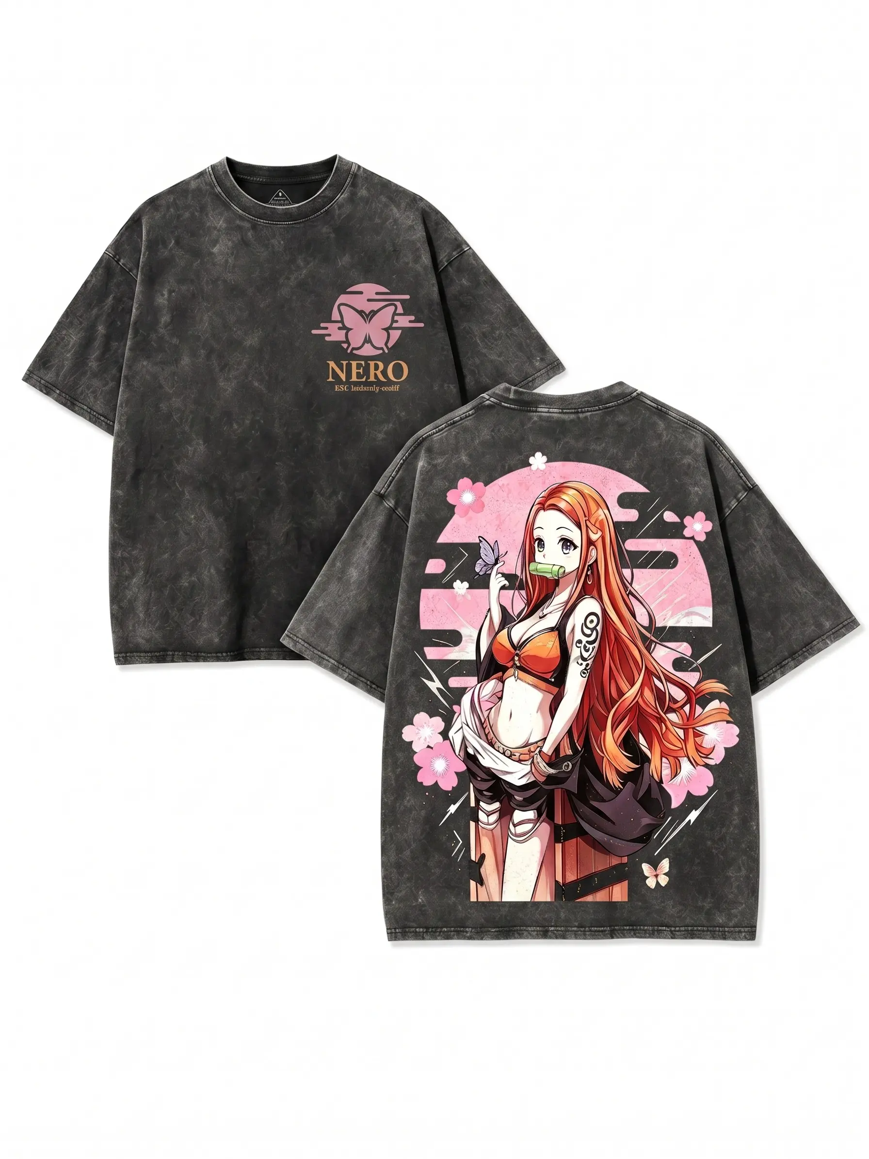 Men's 100% Cotton Oversized Loose-Fit Short-Sleeve Vintage Washed T-Shirt - Unisex, Nezuko Nami Crossover Anime Graphic, Double-Sided Sakura Butterfly Prints, For Demon Slayer Fans, Streetwear, Cold Machine Washable